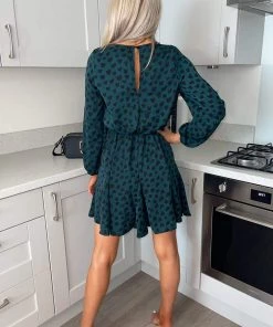 AX Paris Dresses Teal Heart Print Pleat Long Sleeve Dress