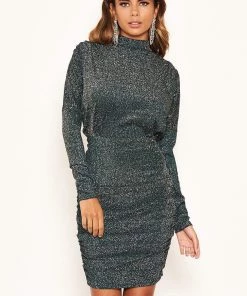 AX Paris Teal High Neck Ruched Sparkle Dress