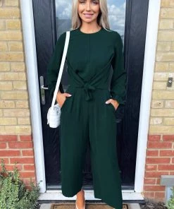 AX Paris Teal Knot Front Long Sleeve Jumpsuit