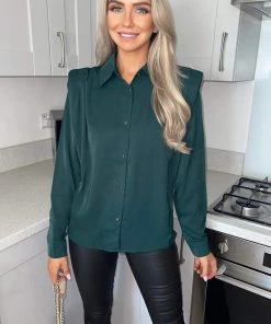 AX Paris Tops Teal Padded Pleated Shoulder Button Up Shirt