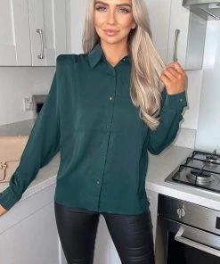 AX Paris Tops Teal Padded Pleated Shoulder Button Up Shirt