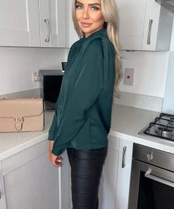 AX Paris Tops Teal Padded Pleated Shoulder Button Up Shirt