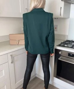 AX Paris Tops Teal Padded Pleated Shoulder Button Up Shirt