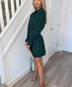 AX Paris Teal Shirred Waist Long Sleeve Shirt Dress Dresses