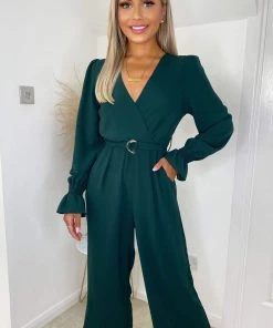 AX Paris Jumpsuits And Playsuits Teal Wrap Over Elasticated Cuff Belted Jumpsuit