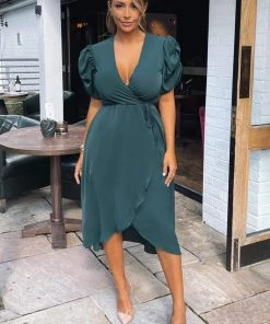 AX Paris Teal Wrap Over Tie Midi Dress Dresses