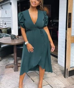 AX Paris Teal Wrap Over Tie Midi Dress Dresses