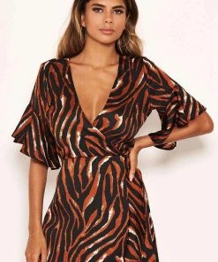 AX Paris Tiger Print Wrap Dress With Frill Hem And Sleeves