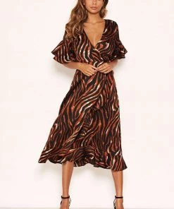 AX Paris Tiger Print Wrap Dress With Frill Hem And Sleeves