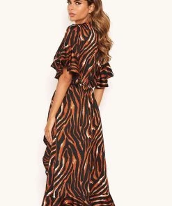 AX Paris Tiger Print Wrap Dress With Frill Hem And Sleeves