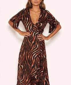 AX Paris Tiger Print Wrap Dress With Frill Hem And Sleeves