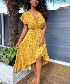 AX Paris V Neck Printed Frill Midi Dress Dresses