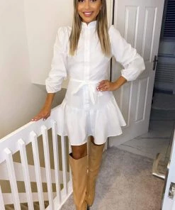 AX Paris Dresses White Frill Skirt Button Up Shirt Dress