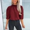 AX Paris Wine Elasticated Neck Puff Sleeve Blouse