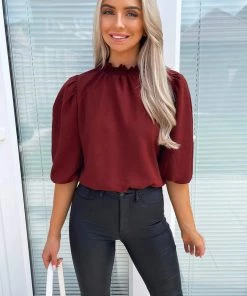 AX Paris Wine Elasticated Neck Puff Sleeve Blouse