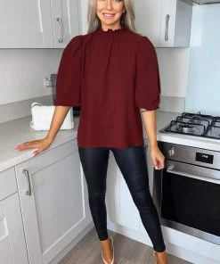 AX Paris Wine Elasticated Neck Puff Sleeve Blouse