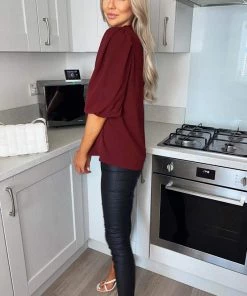 AX Paris Wine Elasticated Neck Puff Sleeve Blouse