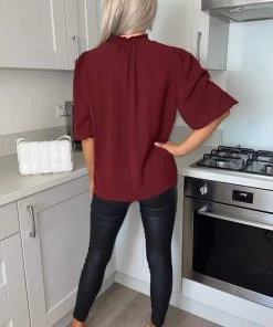 AX Paris Wine Elasticated Neck Puff Sleeve Blouse