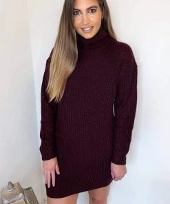 AX Paris Dresses Wine Roll Neck Knit Jumper Dress