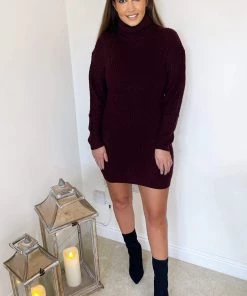 AX Paris Dresses Wine Roll Neck Knit Jumper Dress