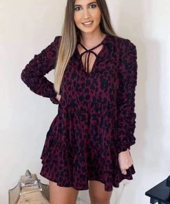 AX Paris Wine Printed Ruched Sleeve Swing Dress Dresses