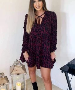 AX Paris Wine Printed Ruched Sleeve Swing Dress Dresses
