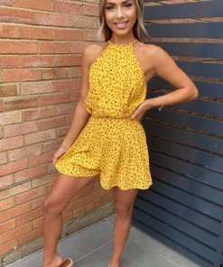 AX Paris Yellow Floral High Neck Playsuit Jumpsuits And Playsuits