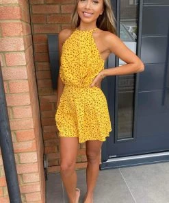 AX Paris Yellow Floral High Neck Playsuit Jumpsuits And Playsuits