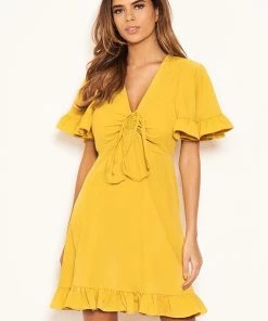 AX Paris Yellow Ruched Front Frill Swing Dress