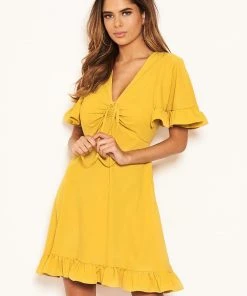AX Paris Yellow Ruched Front Frill Swing Dress