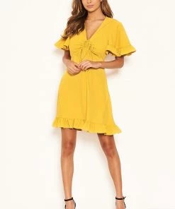 AX Paris Yellow Ruched Front Frill Swing Dress
