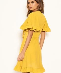 AX Paris Yellow Ruched Front Frill Swing Dress