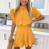 AX Paris Yellow High Neck Puff Sleeve Skater Dress