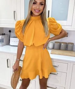 AX Paris Yellow High Neck Puff Sleeve Skater Dress