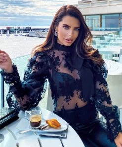 AX Paris Black Embroidered Puff Sleeve Tie Neck Top