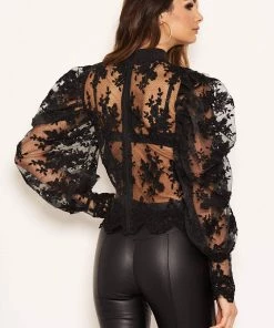 AX Paris Black Embroidered Puff Sleeve Tie Neck Top