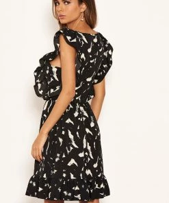 AX Paris Black Printed Square Neck Frilled Dress Dresses 8 AX Paris Black Printed Square Neck Frilled Dress Dresses