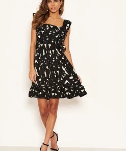 AX Paris Black Printed Square Neck Frilled Dress Dresses