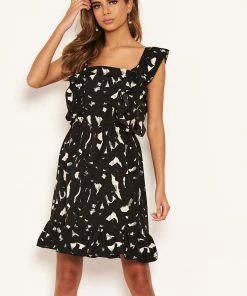AX Paris Black Printed Square Neck Frilled Dress Dresses