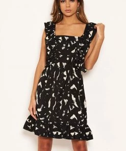 AX Paris Black Printed Square Neck Frilled Dress Dresses 7 AX Paris Black Printed Square Neck Frilled Dress Dresses
