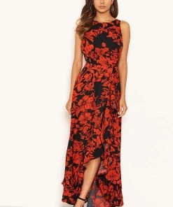 AX Paris Red Floral Frill Hem Maxi Dress
