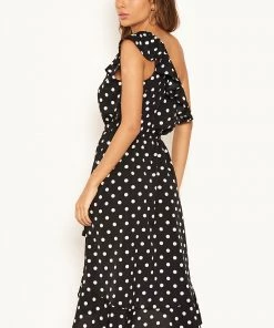 AX Paris Black Polka Dot One Shoulder Frill Dress Dresses 14 AX Paris Black Polka Dot One Shoulder Frill Dress Dresses