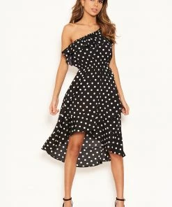 AX Paris Black Polka Dot One Shoulder Frill Dress Dresses 12 AX Paris Black Polka Dot One Shoulder Frill Dress Dresses