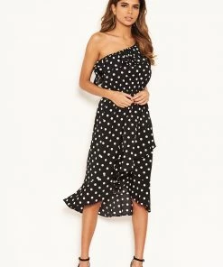AX Paris Black Polka Dot One Shoulder Frill Dress Dresses 11 AX Paris Black Polka Dot One Shoulder Frill Dress Dresses