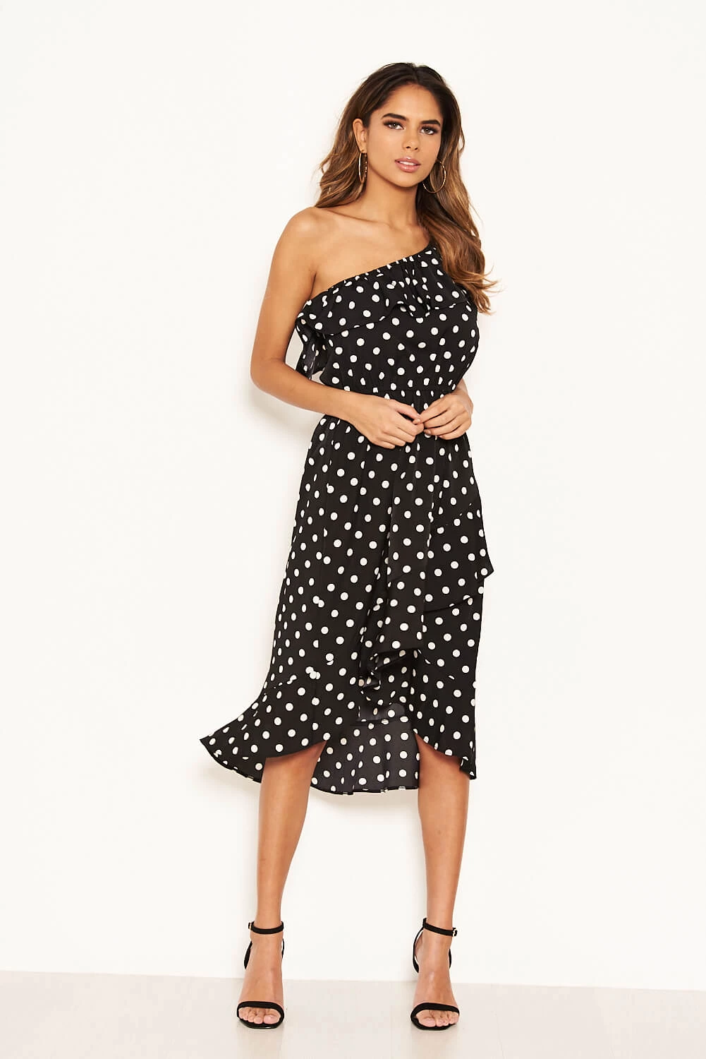 AX Paris Black Polka Dot One Shoulder Frill Dress Dresses 4 AX Paris Black Polka Dot One Shoulder Frill Dress Dresses