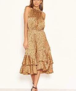 AX Paris Dresses Camel Spotty High Ruffle Neck Midi Dress