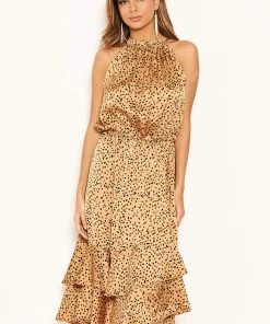 AX Paris Dresses Camel Spotty High Ruffle Neck Midi Dress
