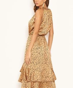 AX Paris Dresses Camel Spotty High Ruffle Neck Midi Dress