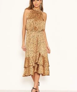 AX Paris Dresses Camel Spotty High Ruffle Neck Midi Dress