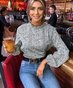 AX Paris Cream Animal Print Ruffle High Neck Top